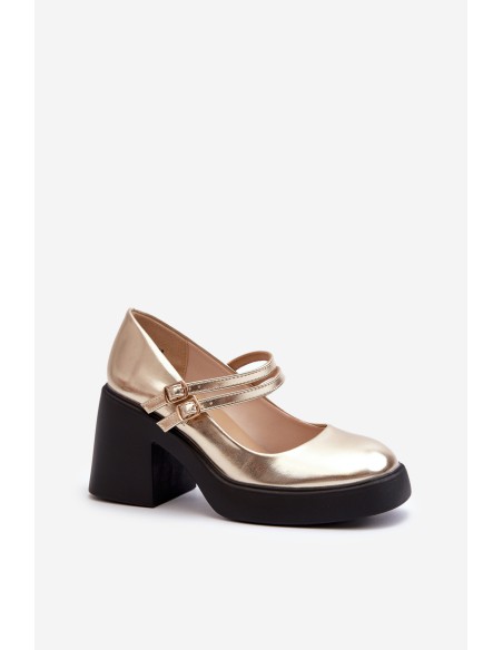 Faux Leather Pumps on Chunky Heel Gold Halmina