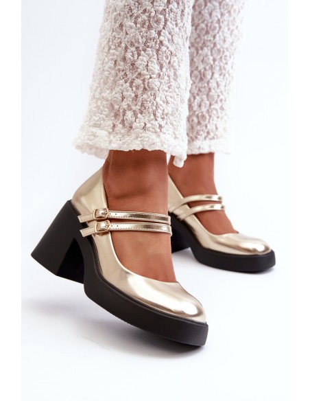 Faux Leather Pumps on Chunky Heel Gold Halmina