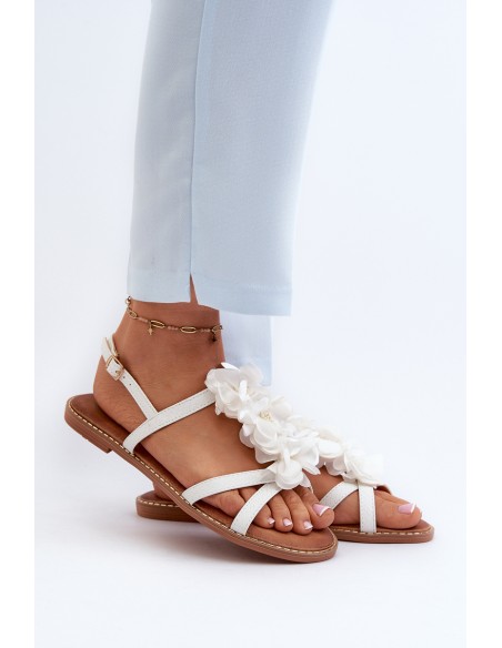 Women's Flat Sandals Adorned with White Flower Decorations Abidina