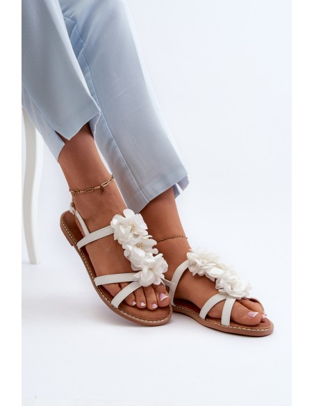 Women's Flat Sandals Adorned with White Flower Decorations Abidina