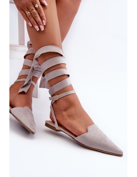 Tied Ballerina Flats Eco Suede With Pointed Toes Grey Ellesara
