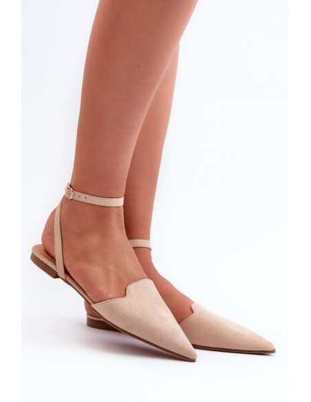 Lace-up Ballerina Flats in Beige Faux Suede with Pointed Toes Ellesara