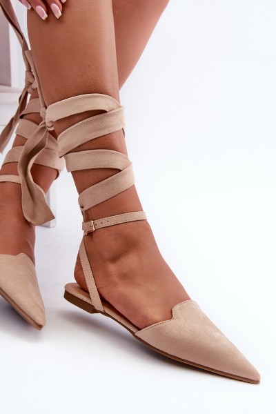 Lace-up Ballerina Flats in Beige Faux Suede with Pointed Toes Ellesara 2