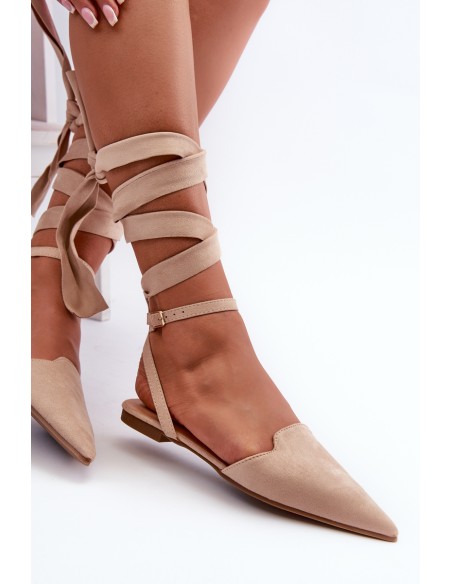 Lace-up Ballerina Flats in Beige Faux Suede with Pointed Toes Ellesara