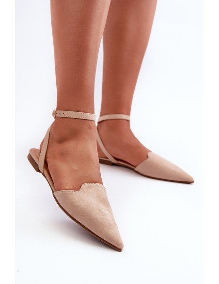 Lace-up Ballerina Flats in Beige Faux Suede with Pointed Toes Ellesara