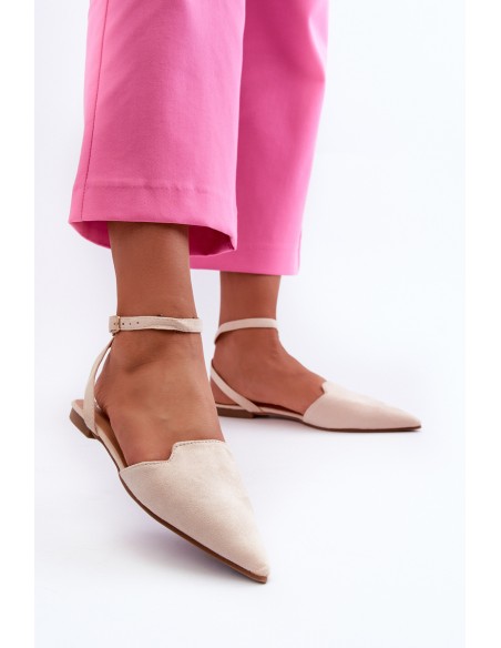 Lace-up Ballerina Flats in Faux Suede with Pointed Toes Beige Ellesara