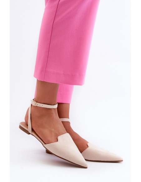 Lace-up Ballerina Flats in Faux Suede with Pointed Toes Beige Ellesara