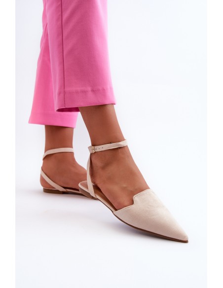 Lace-up Ballerina Flats in Faux Suede with Pointed Toes Beige Ellesara