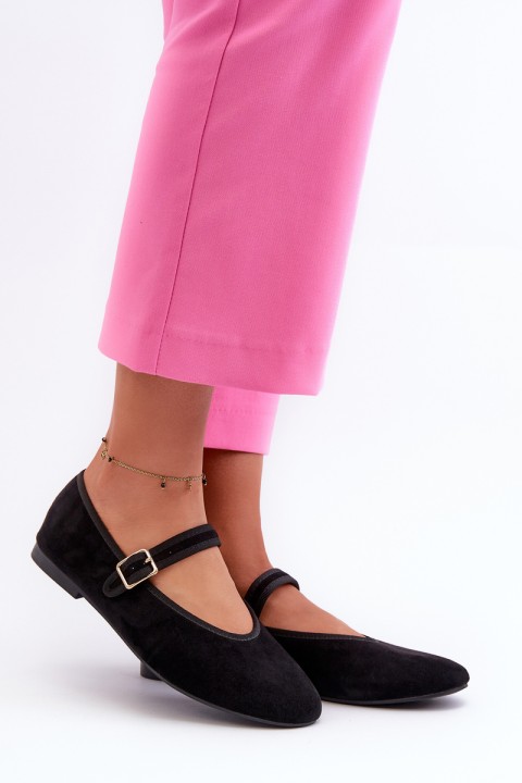 Black Eco-Suede Ballerina Flats with Buckle Anlofi