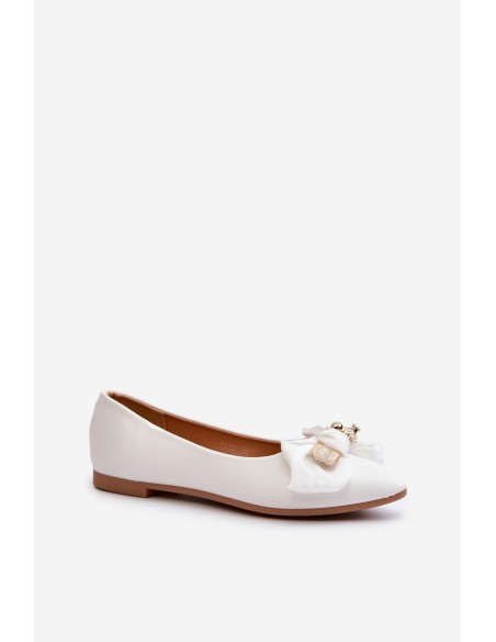 Women's Eco Leather Ballerina Flats with Bow and Brooch White Satris