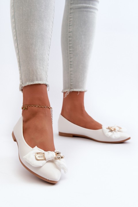 Women's Eco Leather Ballerina Flats with Bow and Brooch White Satris