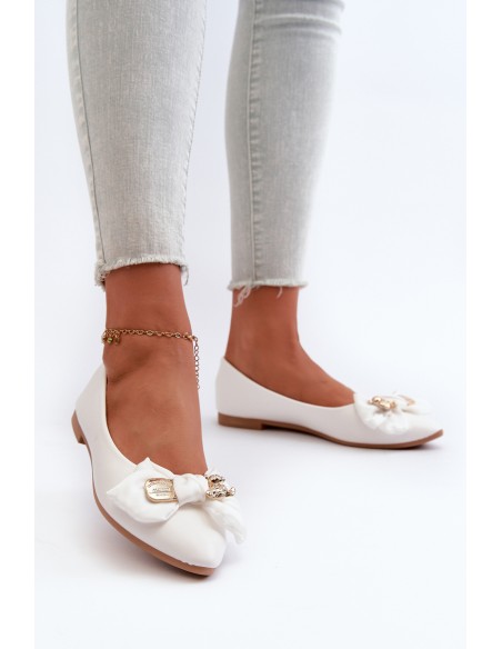 Women's Eco Leather Ballerina Flats with Bow and Brooch White Satris