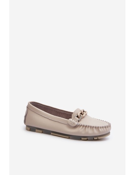 Women's Leather Moccasins with Beige Decoration S.Barski LR339