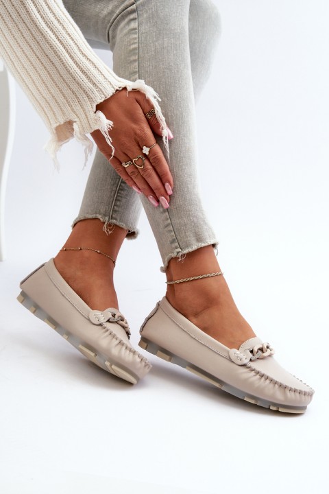 Women's Leather Moccasins with Beige Decoration S.Barski LR339