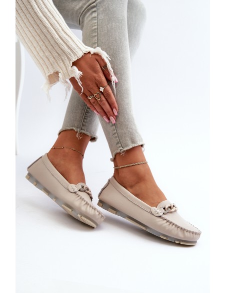 Women's Leather Moccasins with Beige Decoration S.Barski LR339