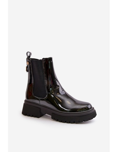 Black Zip-Up Glossy Ankle Boots Groesta