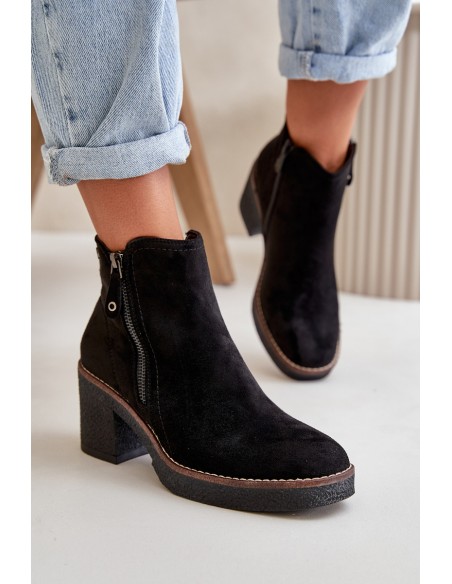 Lined Women's Ankle Boots with Block Heel in Black Faux Suede Velarilla