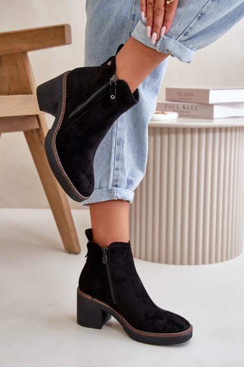 Lined Women's Ankle Boots with Block Heel in Black Faux Suede Velarilla
