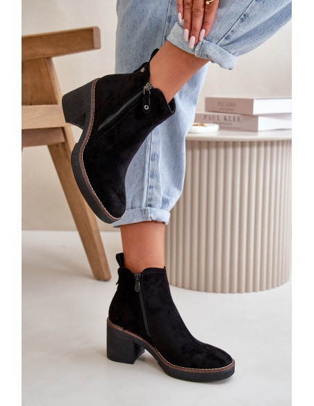Lined Women's Ankle Boots with Block Heel in Black Faux Suede Velarilla