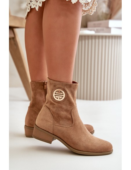 Women'S Ankle Boots With Zipper And Decorative Detail Eco Suede Beige Lerioria