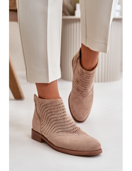 Women's Flat Heeled Perforated Boots Beige S.Barski HY42-076