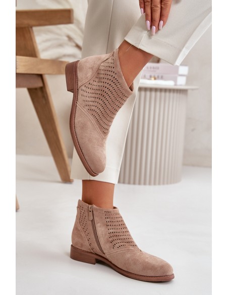 Women's Flat Heeled Perforated Boots Beige S.Barski HY42-076