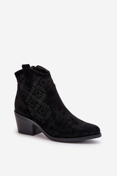 Perforated Cowboy Ankle Boots With Zipper Eco Suede Black S.Barski HY42-944 2