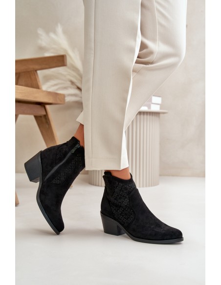 Perforated Cowboy Ankle Boots With Zipper Eco Suede Black S.Barski HY42-944