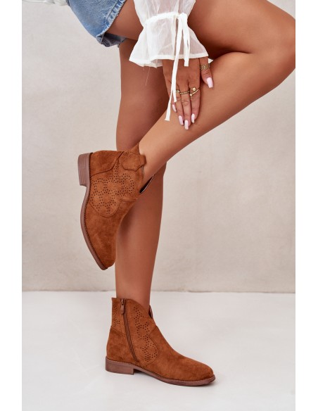 Ladies Cutout Ankle Boots On Flat Heel Camel S.Barski HY42-151