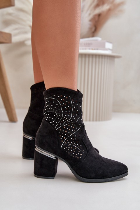 Embellished Perforated Women's Heeled Boots Made Of Eco Suede Black S.Barski HY42-029