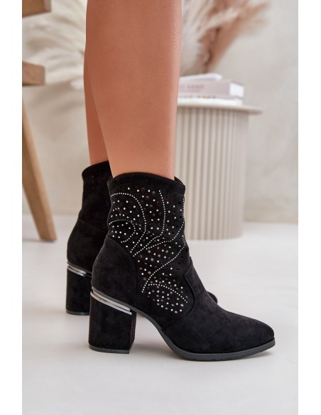 Embellished Perforated Women's Heeled Boots Made Of Eco Suede Black S.Barski HY42-029