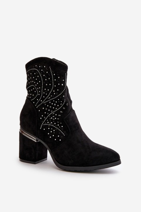 Embellished Perforated Women's Heeled Boots Made Of Eco Suede Black S.Barski HY42-029