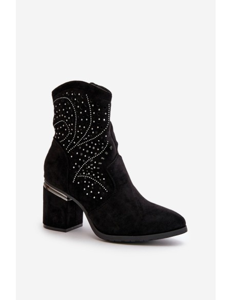 Embellished Perforated Women's Heeled Boots Made Of Eco Suede Black S.Barski HY42-029