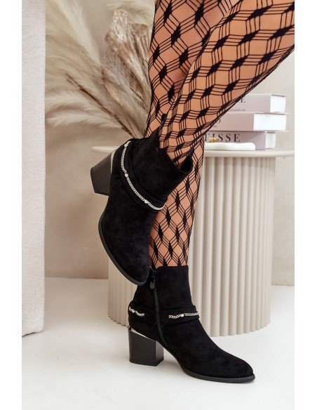 Warm Women's Ankle Boots On Heel With Chain Eco Suede Black Hanalen