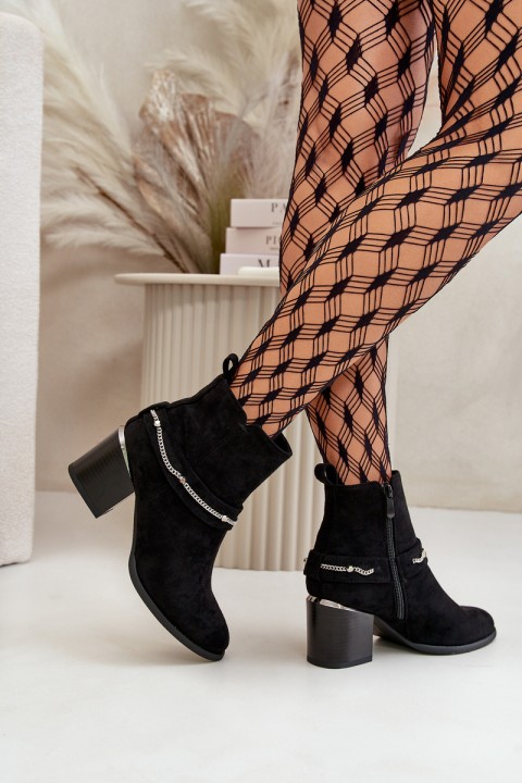Warm Women's Ankle Boots On Heel With Chain Eco Suede Black Hanalen