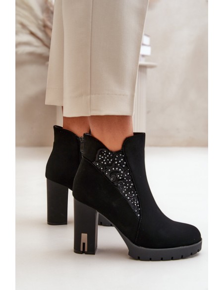 Warm Women's Ankle Boots With High Heel And Embroidery Black Verissae