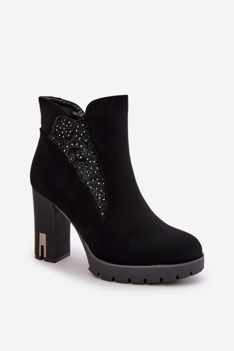 Warm Women's Ankle Boots With High Heel And Embroidery Black Verissae