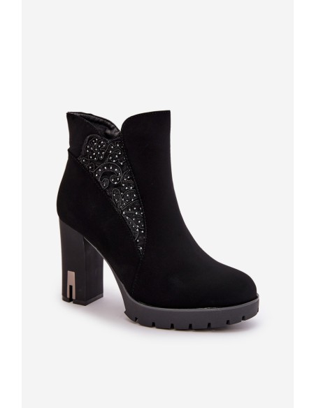 Warm Women's Ankle Boots With High Heel And Embroidery Black Verissae