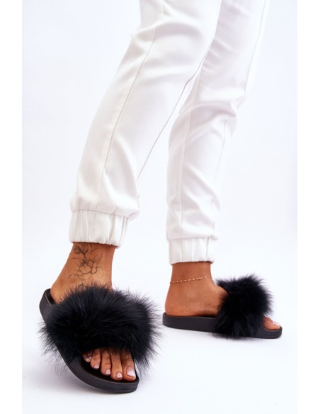 Women's Rubber Slippers With Fur Black Lucrece