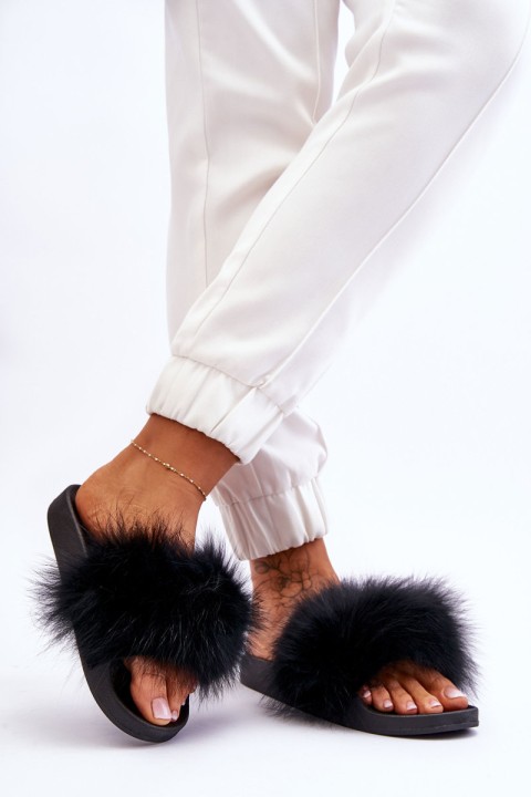 Women's Rubber Slippers With Fur Black Lucrece