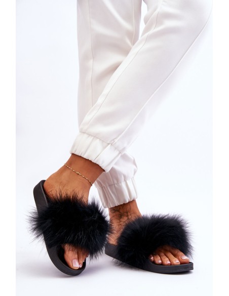Women's Rubber Slippers With Fur Black Lucrece