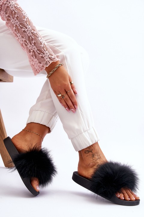 Women's Rubber Slippers With Fur Black Lucrece
