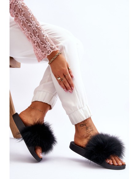 Women's Rubber Slippers With Fur Black Lucrece