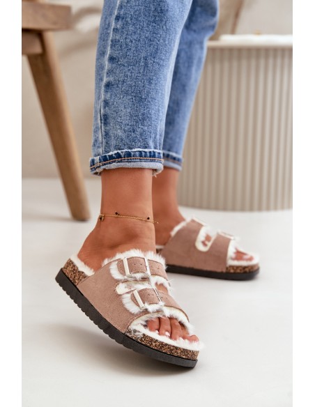 Women's Slippers Slides With Buckles And Fur Beige Ezilena