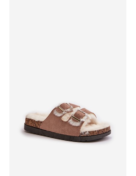 Women's Slippers Slides With Buckles And Fur Beige Ezilena