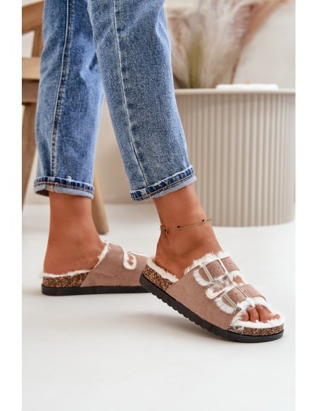 Women's Slippers Slides With Buckles And Fur Beige Ezilena