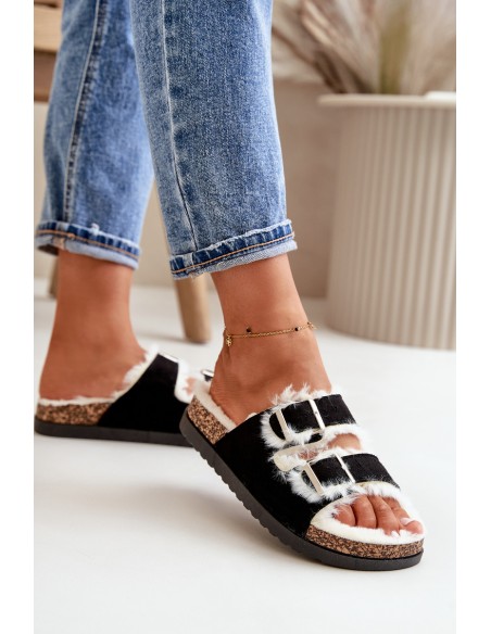 Women's Slippers With Buckles And Fur Black Ezilena