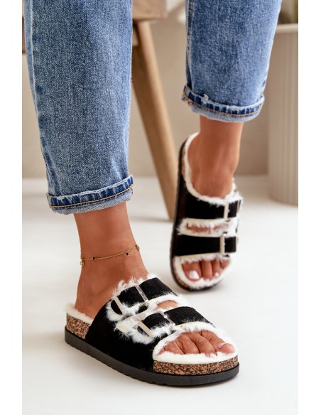 Women's Slippers With Buckles And Fur Black Ezilena