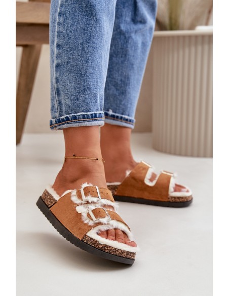Women's Slippers With Buckles And Fur Camel Ezilena