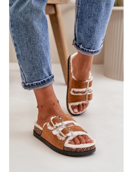 Women's Slippers With Buckles And Fur Camel Ezilena